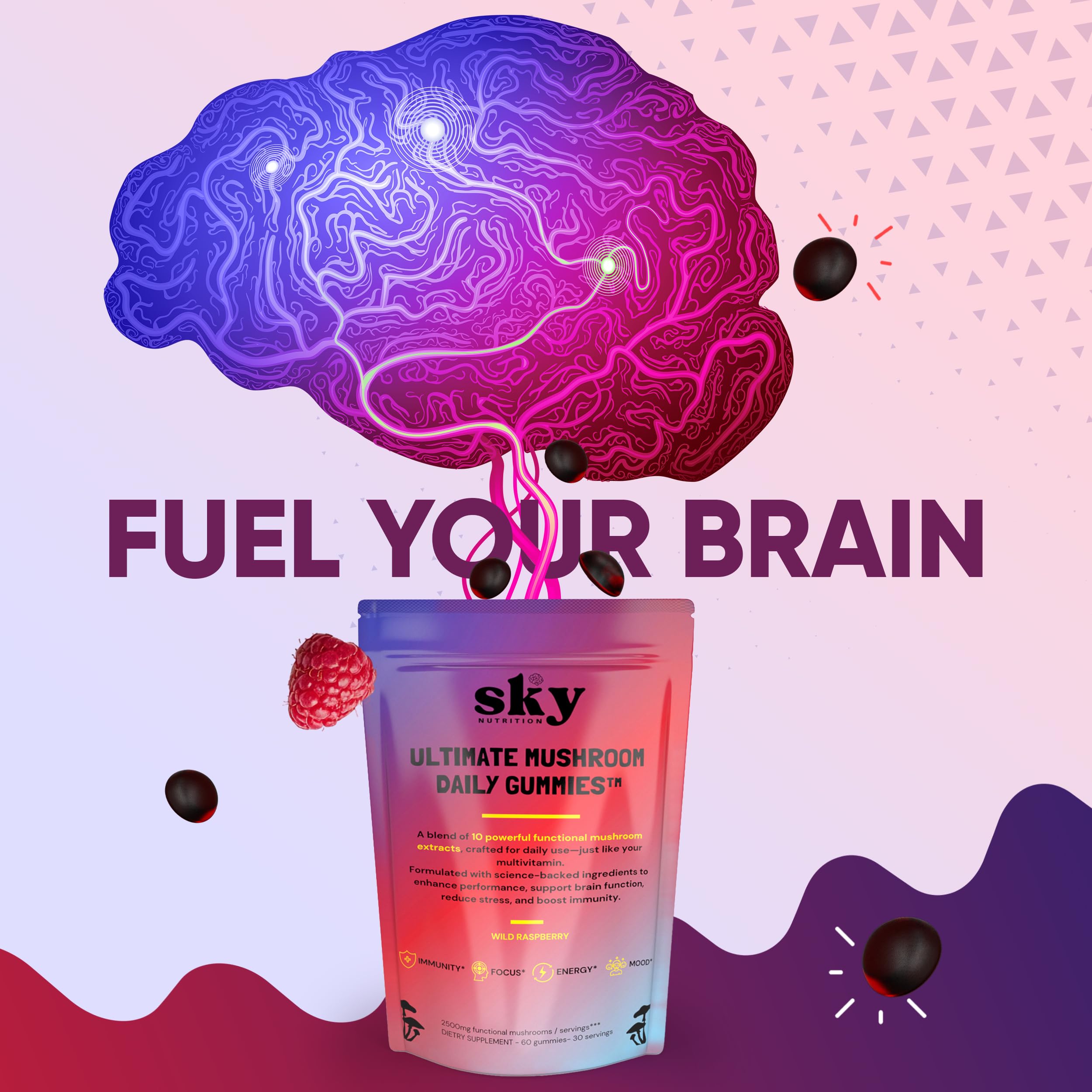 SkyNutrition gomitas abiertas en plato para ver forma y color frambuesa