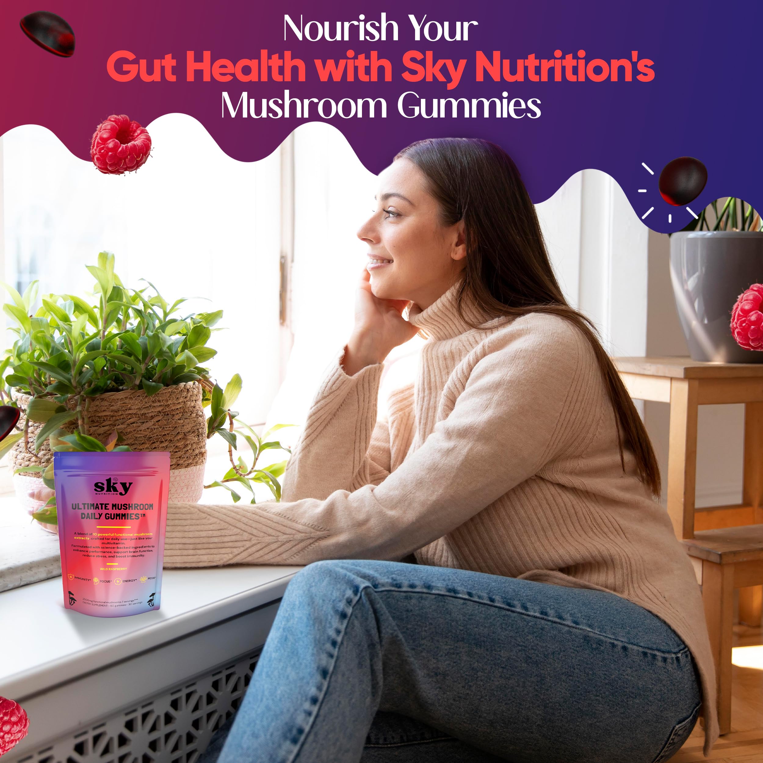 presentación del envase SkyNutrition mostrando 60 gominolas en primer plano