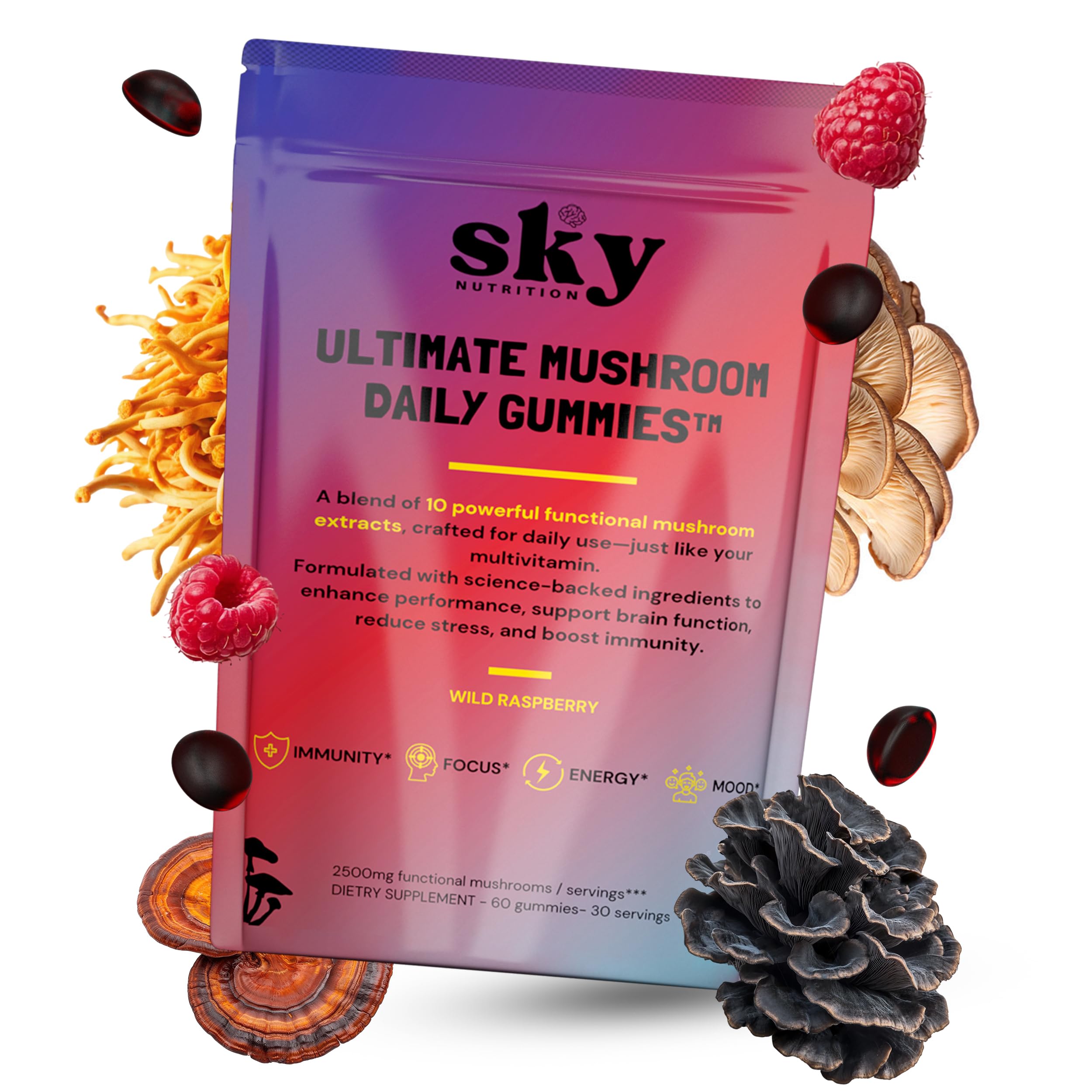 SkyNutrition presentación con frambuesas que resalta el sabor natural