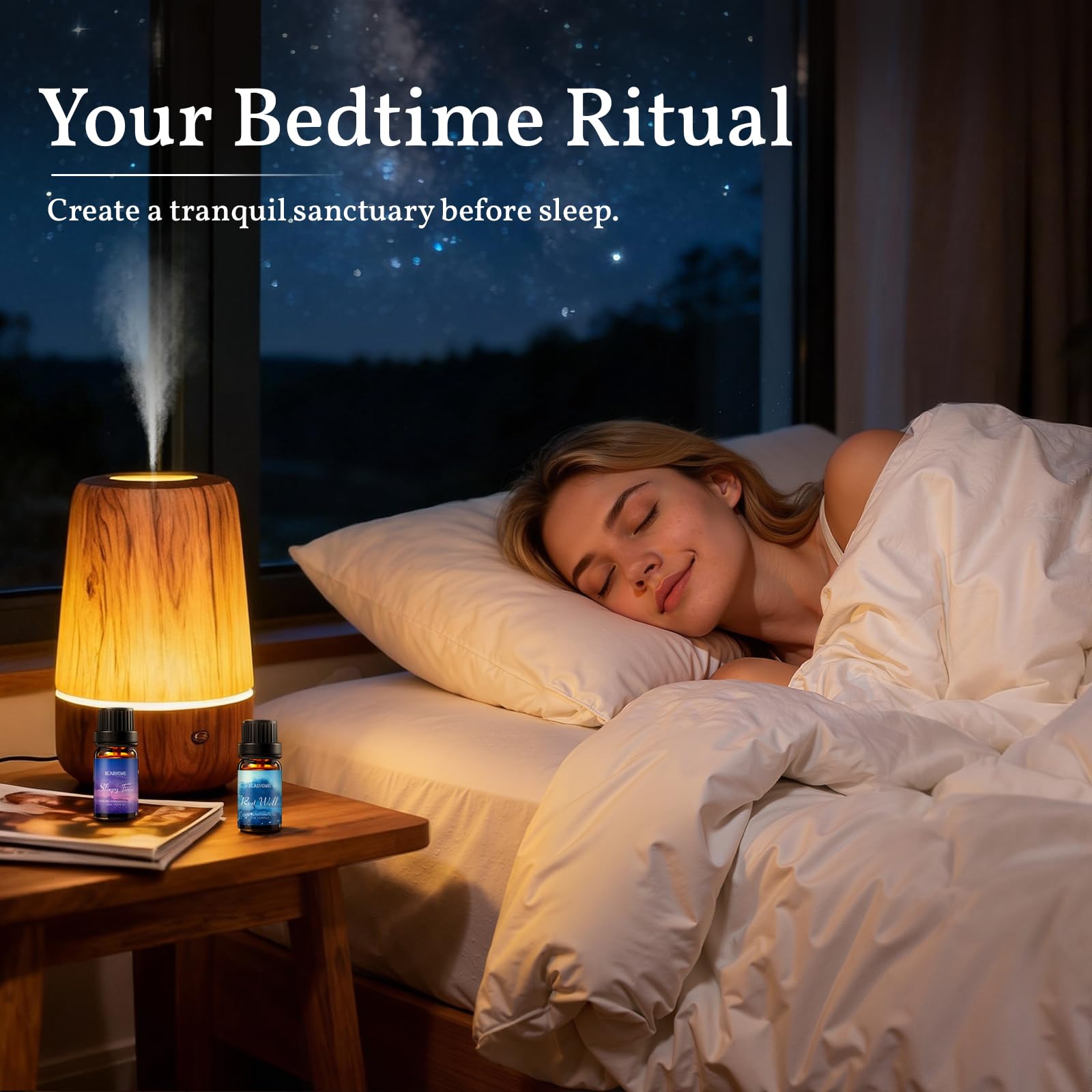 slashome difusor encendido en dormitorio, ambiente tranquilo para dormir