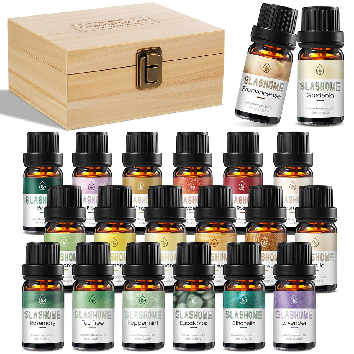 slashome caja de madera elegante con 20 aceites esenciales, presentación lista para regalo