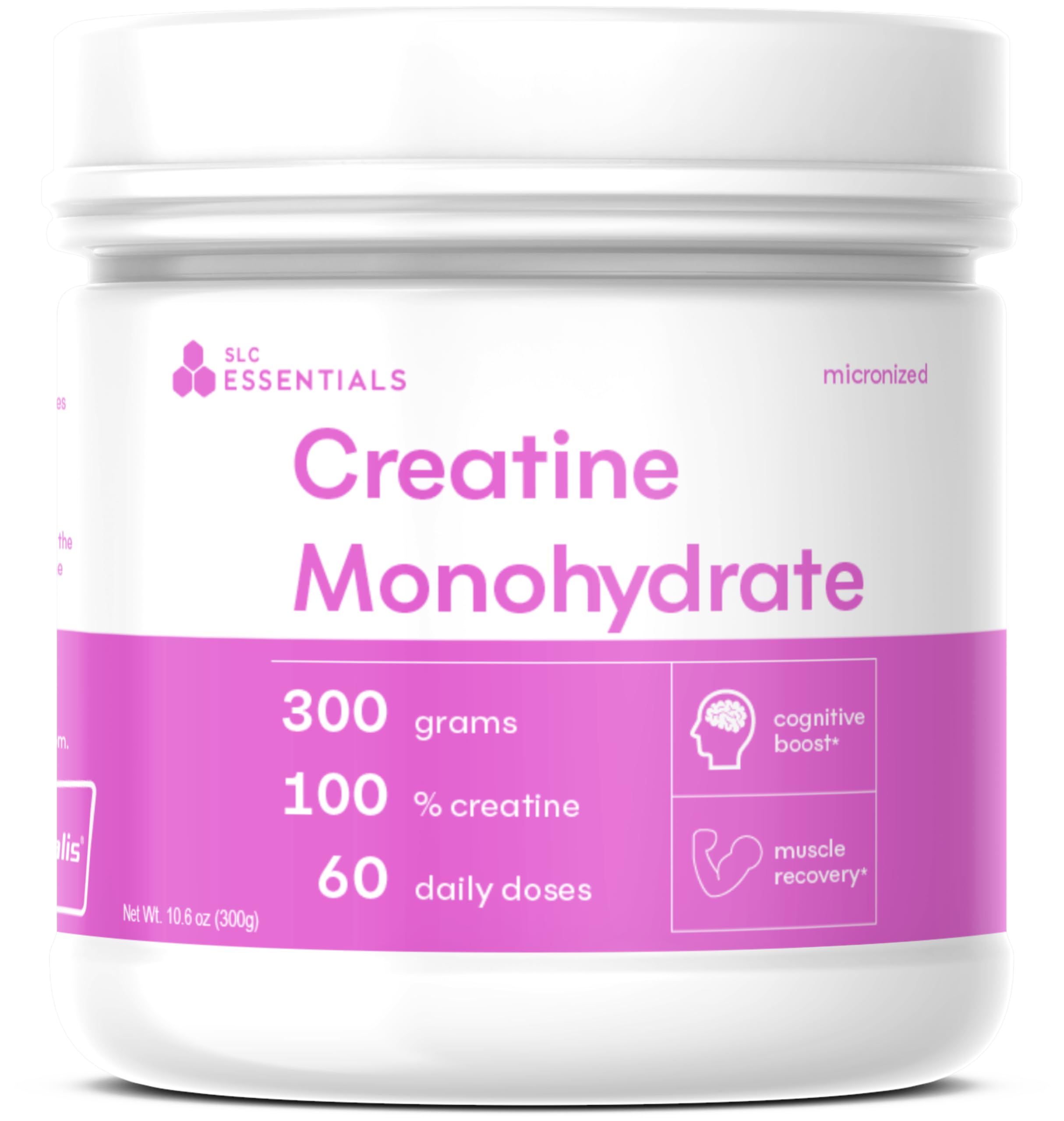 SLC Essentials envase frontal mostrando creatina pura Creavitalis y beneficios de pureza