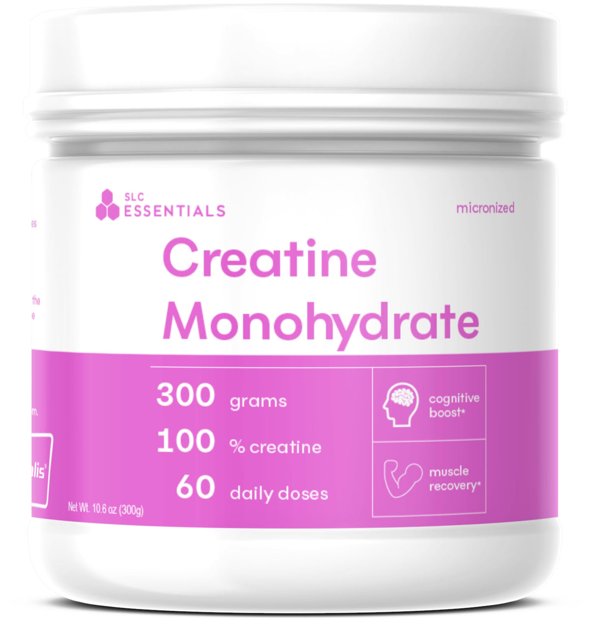 SLC Essentials envase frontal mostrando creatina pura Creavitalis y beneficios de pureza