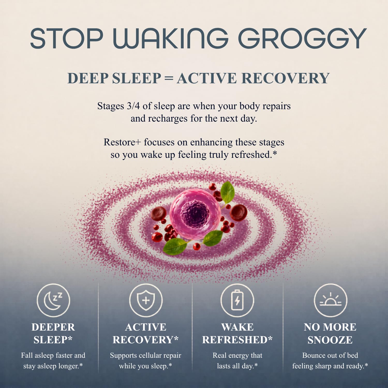 Sleep Habits bote Restore en mesita junto a una lámpara nocturna