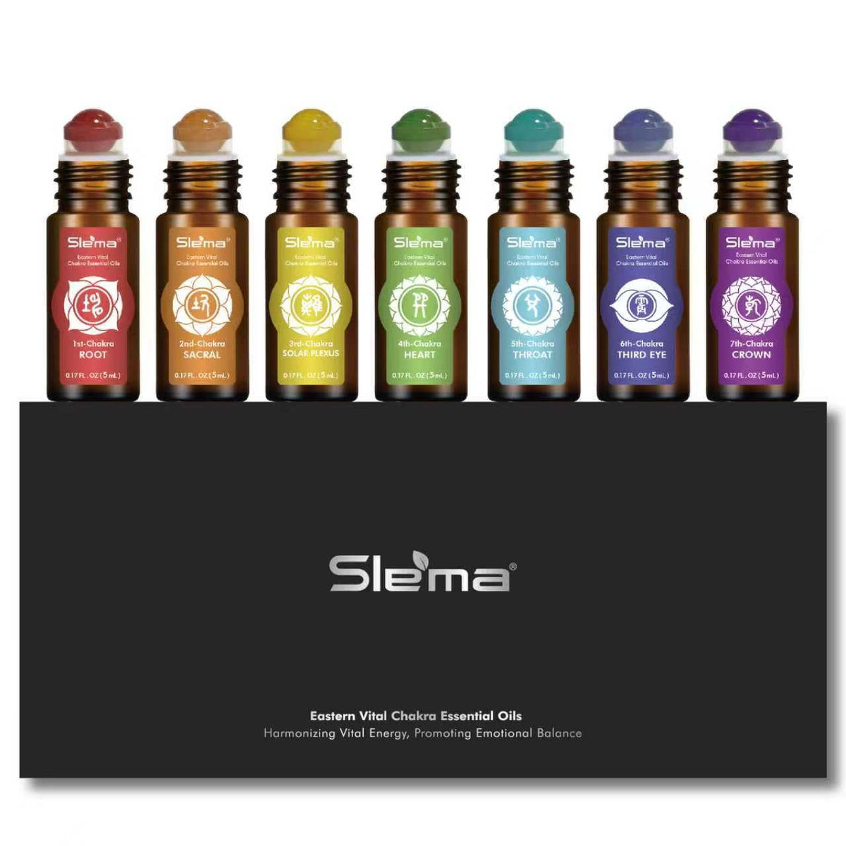 Slema estuche frontal con siete roll-ons mostrando variedad y conveniencia