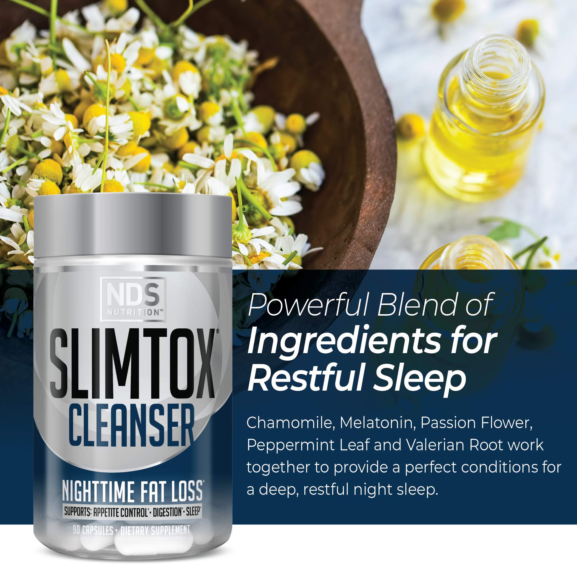 Slim-Tox frasco junto a una mesita de noche para uso nocturno y descanso