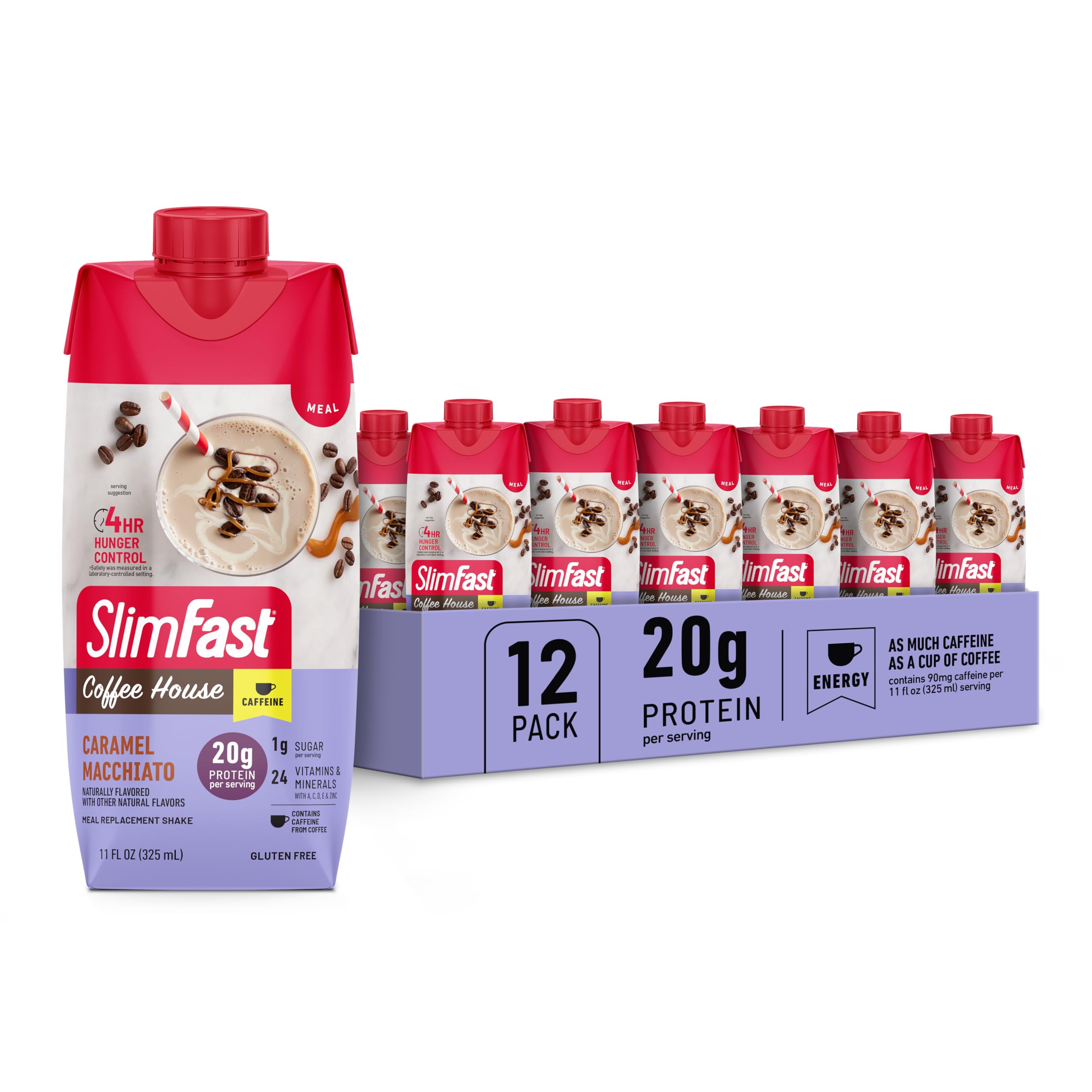 SlimFast frente del pack de 12 botellas mostrando conveniencia y sabor