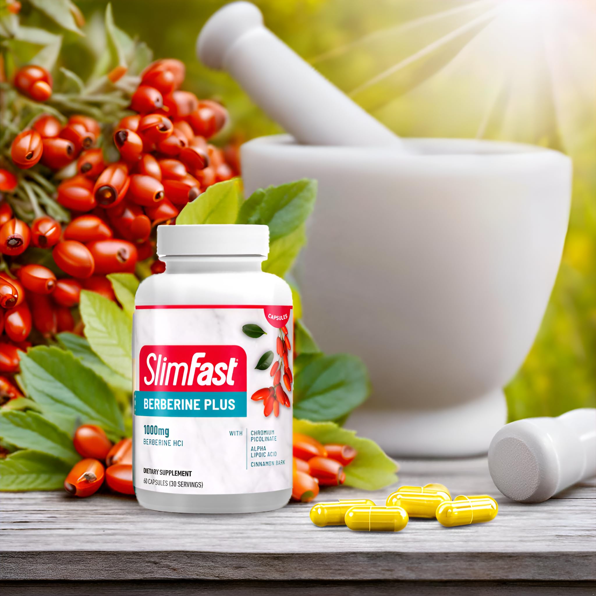 SlimFast producto en cocina con comidas saludables como apoyo de rutina
