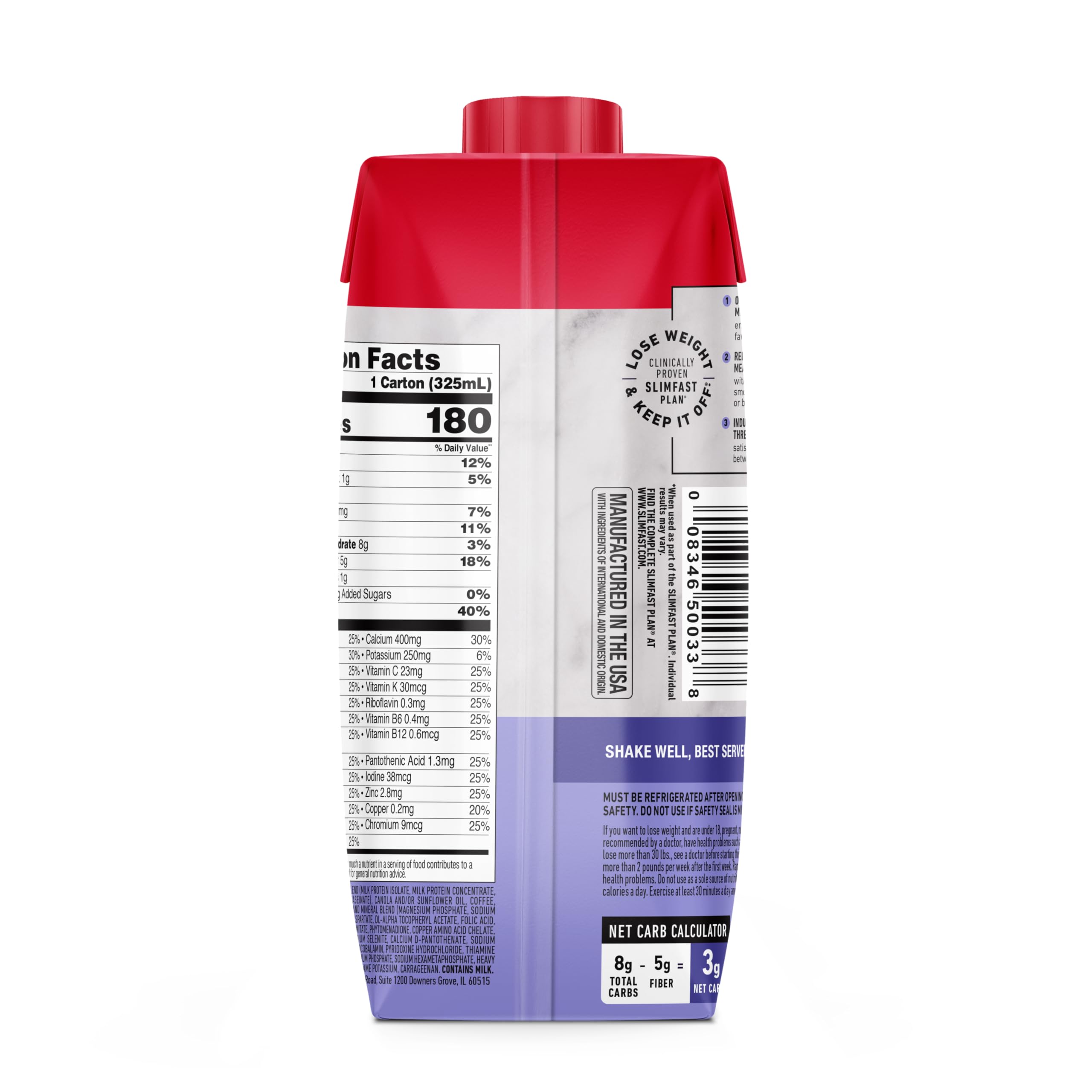 SlimFast botella al lado de granos de café y caramelo indicando sabor