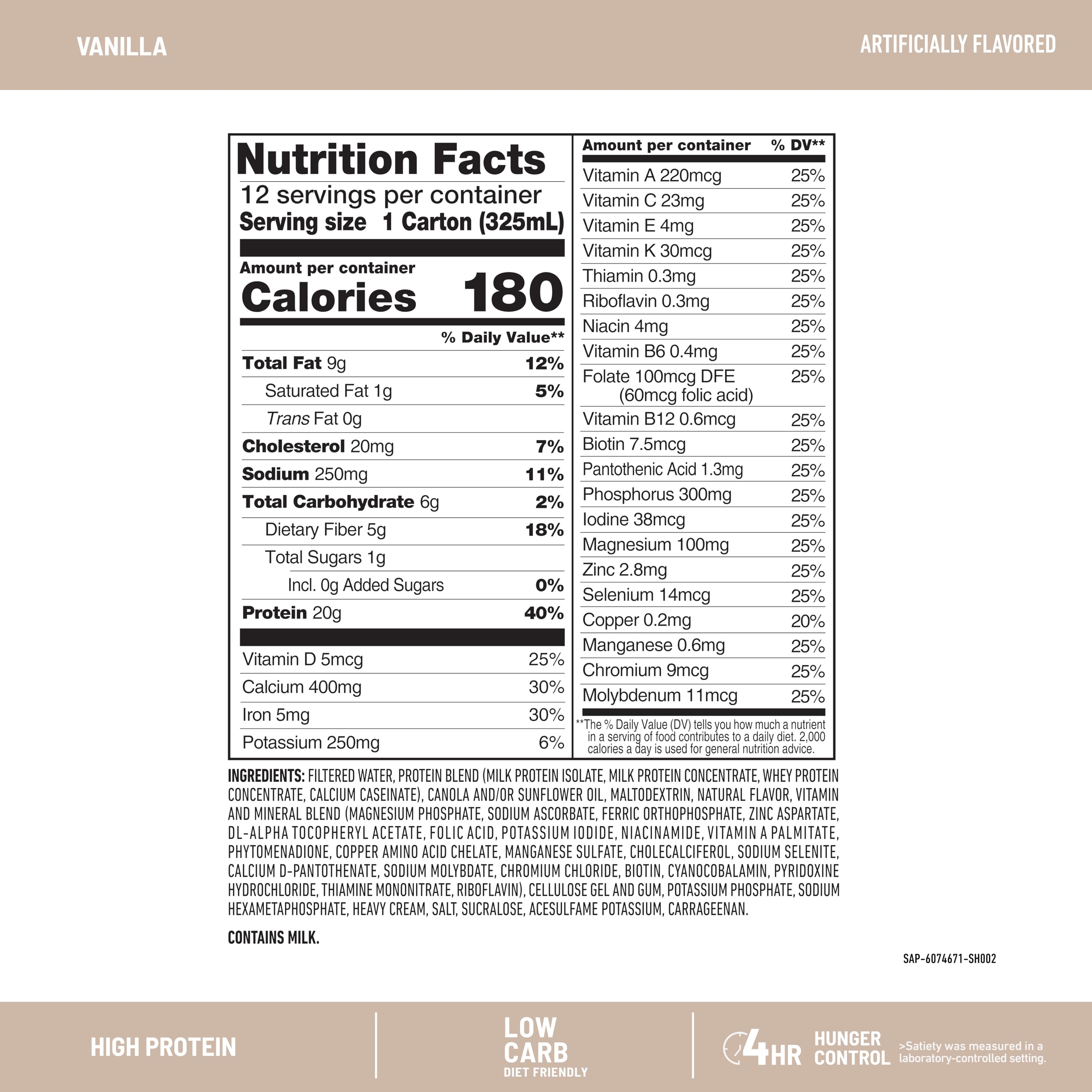 SlimFast etiqueta nutricional mostrando 20 g proteína y 24 vitaminas