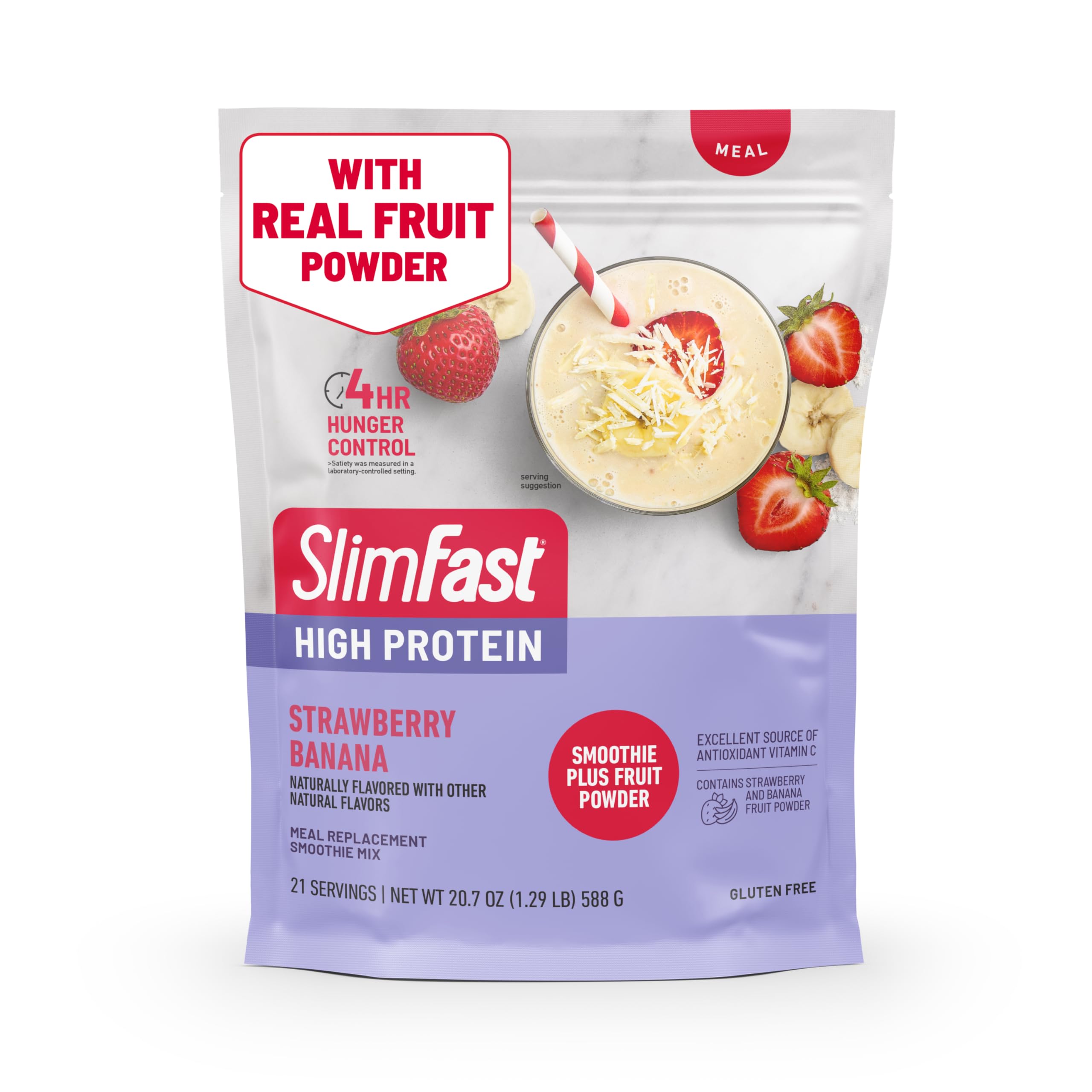 SlimFast frente del envase mostrando etiqueta y raciones, fácil preparación
