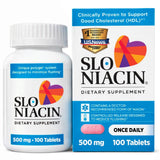 Slo-Niacin frente del envase mostrando 100 tabletas y beneficio de liberación controlada
