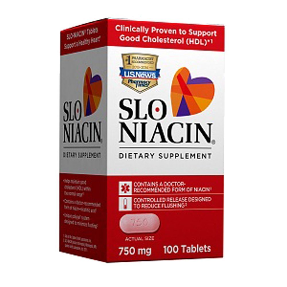 Slo-Niacin frente del envase mostrando tabletas y ventajas de liberación controlada