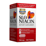 Slo-Niacin frente del envase mostrando tabletas y ventajas de liberación controlada