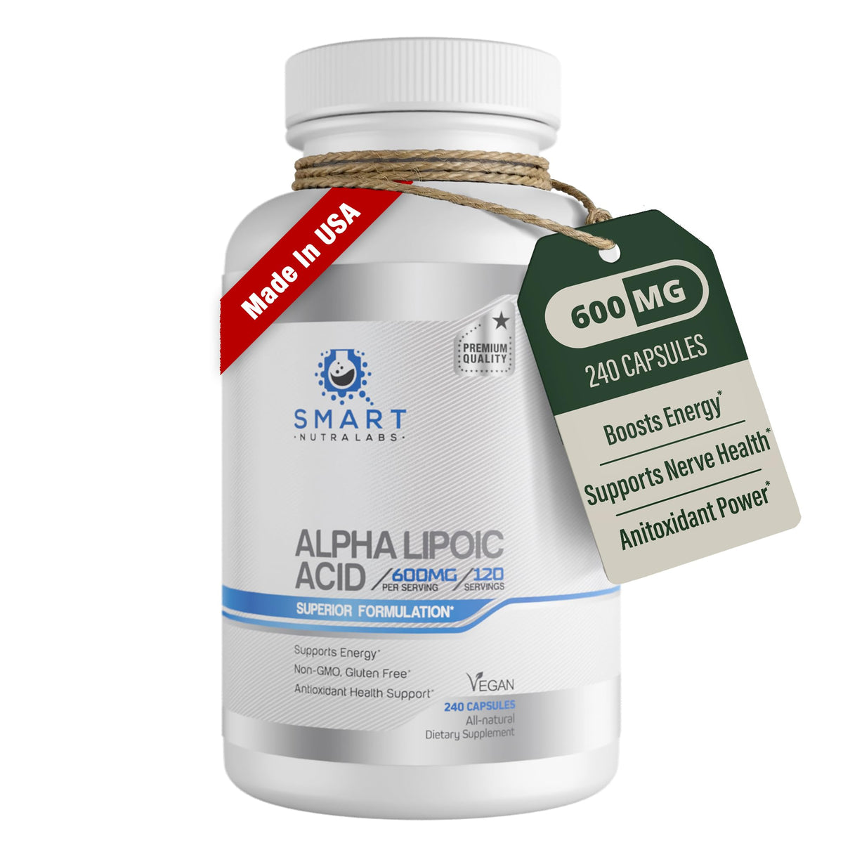 Smart Nutra Labs envase frontal mostrando la marca y cantidad, facilita identificación rápida