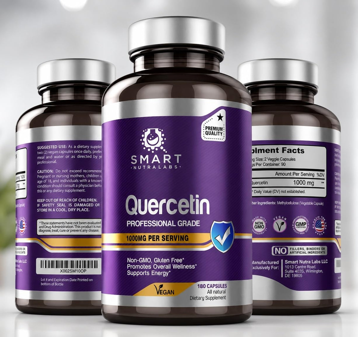Smart Nutra Labs frasco frontal mostrando 180 cápsulas y etiqueta clara