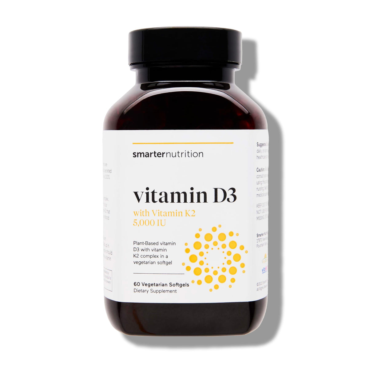 SMARTERNUTRITION frasco frontal mostrando la fórmula D3 K2 y certificación NSF