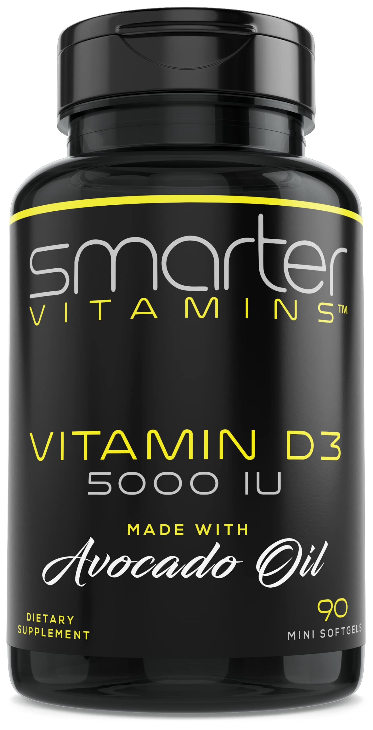 SmarterVitamins frasco frontal mostrando 90 mini softgels y beneficio de conveniencia