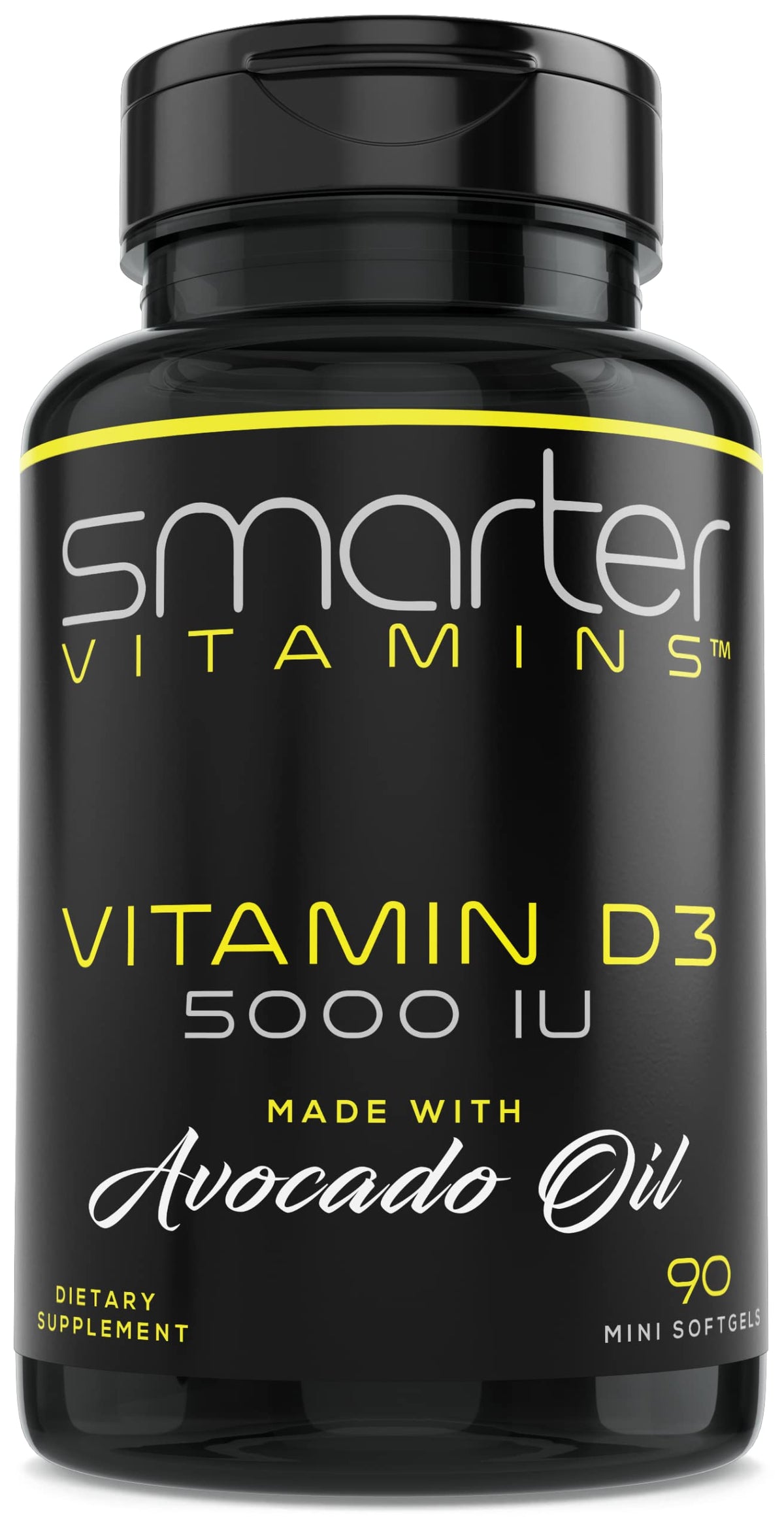 SmarterVitamins frasco frontal mostrando 90 mini softgels y beneficio de conveniencia