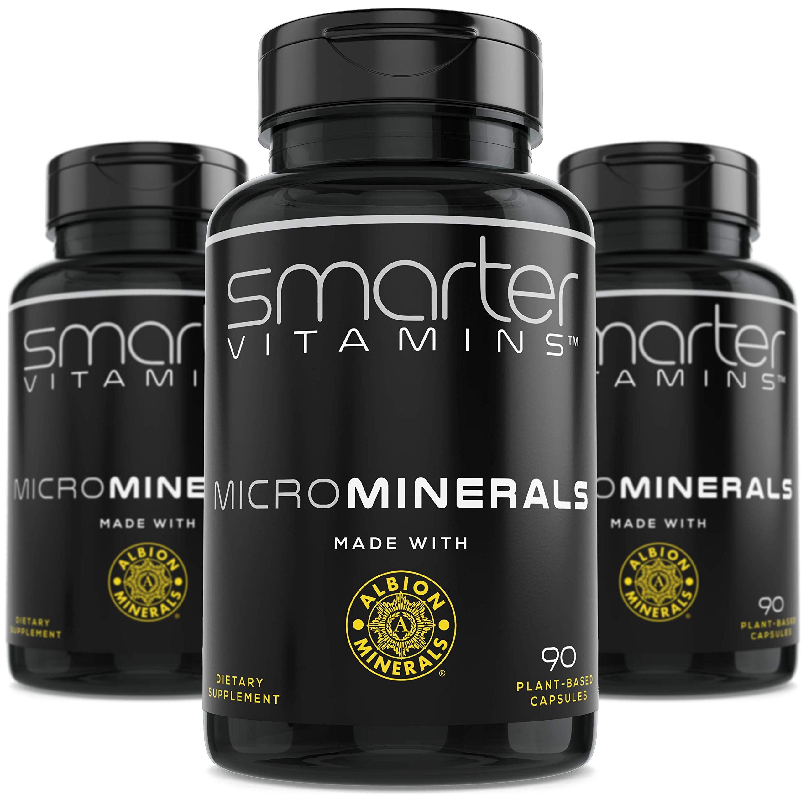 SmarterVitamins frontal del paquete mostrando los tres frascos y beneficios claros