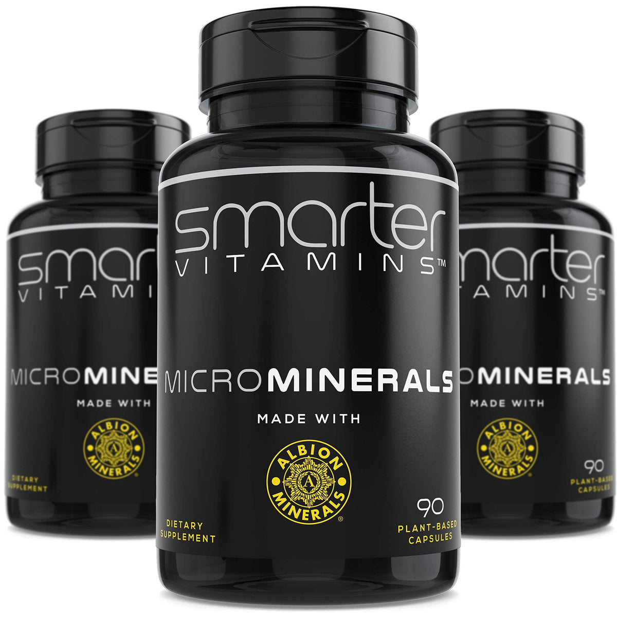 SmarterVitamins frontal del paquete mostrando los tres frascos y beneficios claros