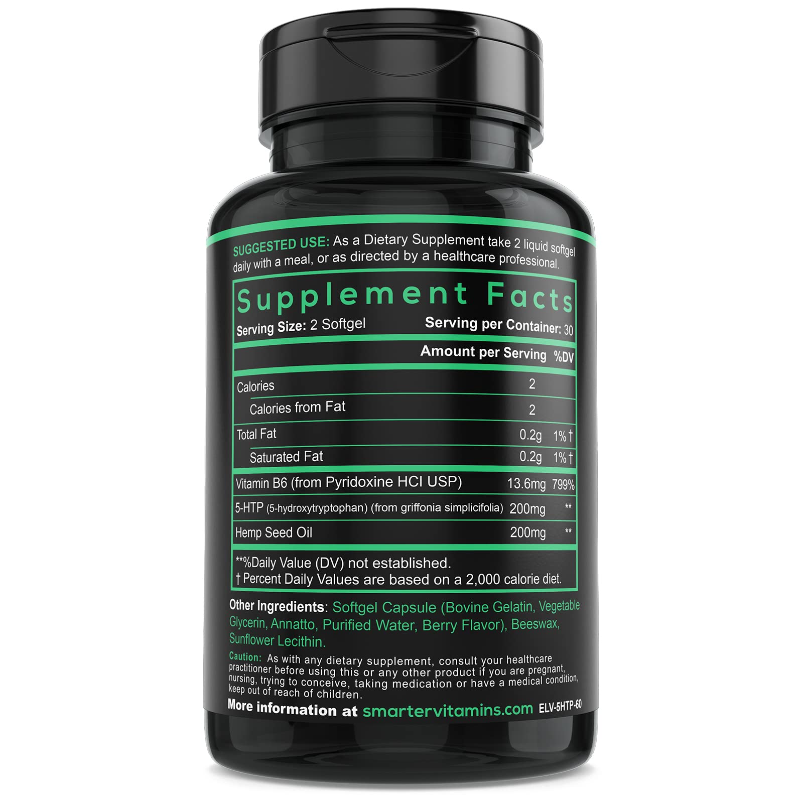 SmarterVitamins ingredientes 5-HTP, vitamina B6 y aceite de cáñamo visibles