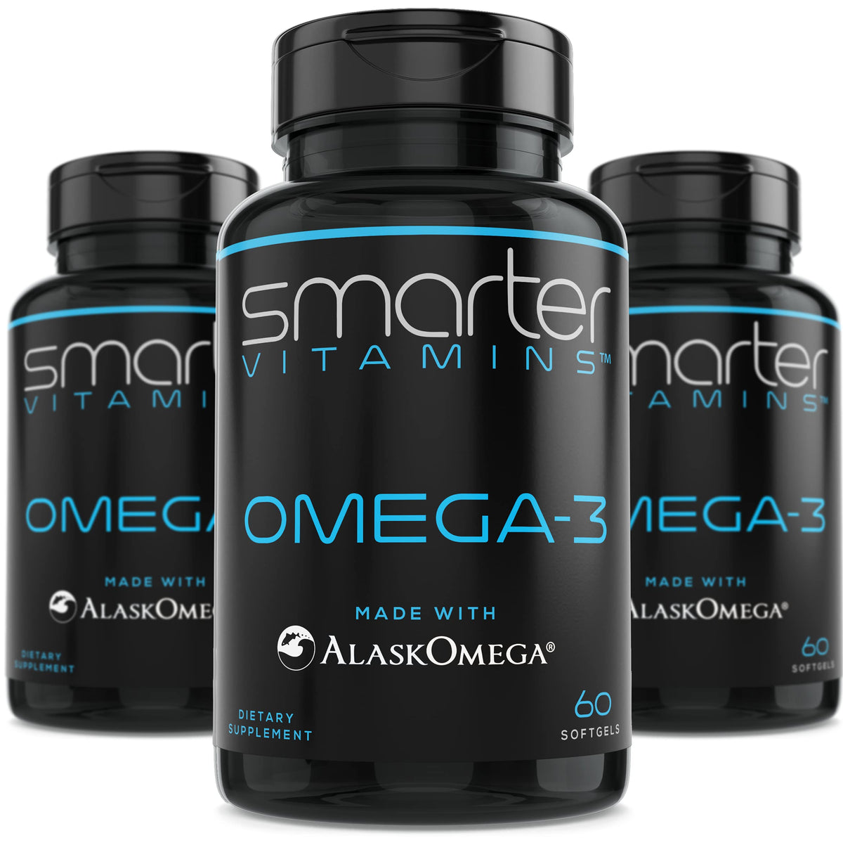 SmarterVitamins pack frontal mostrando tres frascos y beneficios claros
