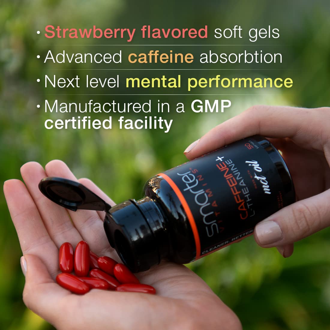 SmarterVitamins closeup softgel y brillo de aceite MCT para mejor absorción