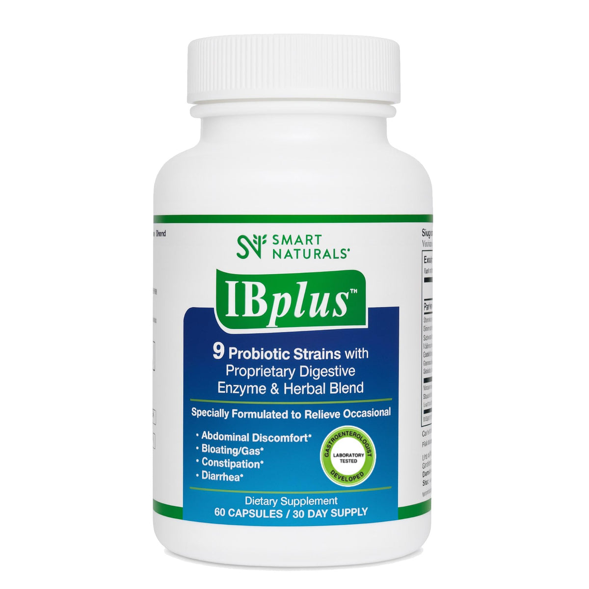 smartnaturals IBplus frasco frontal que muestra la fórmula y beneficios