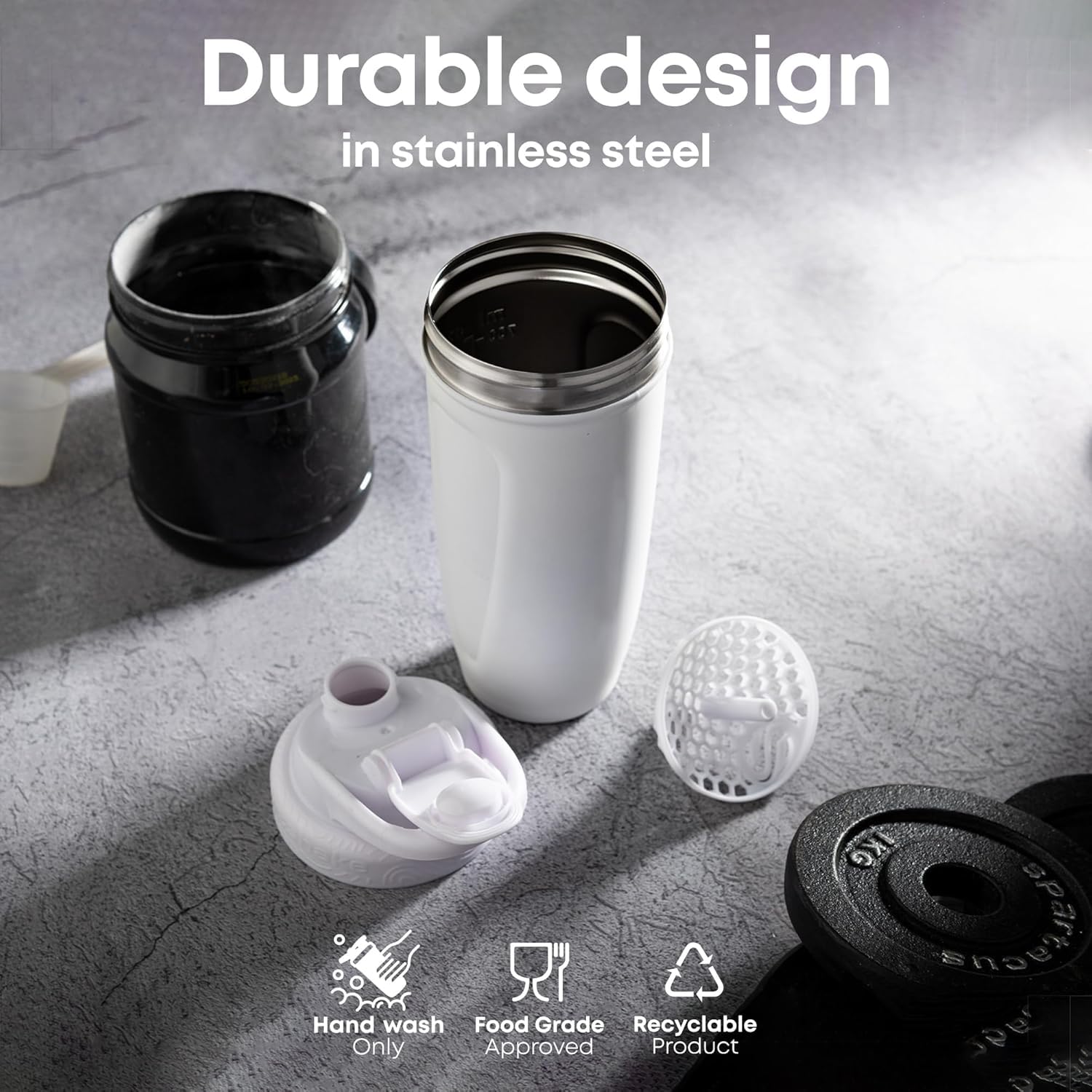 Smartshake tapa roscada y asa blanda mostrando cierre hermético y transporte fácil