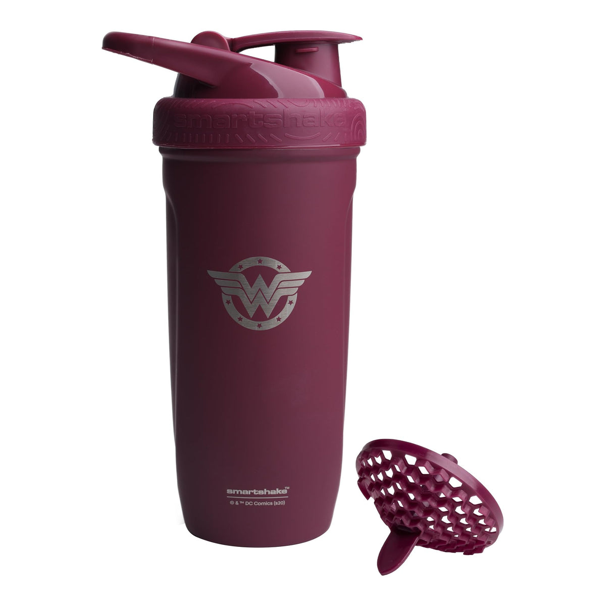 Smartshake Wonder Woman vista frontal mostrando el logo y capacidad 900 ml, diseño atractivo
