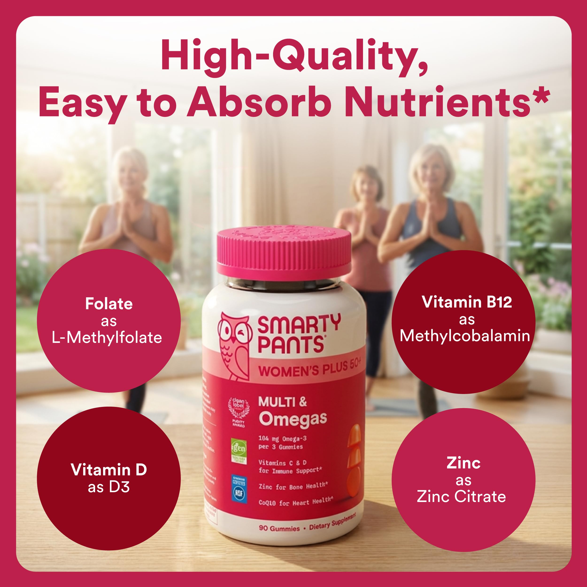 Etiqueta del envase SmartyPants con lista de nutrientes y beneficios visibles