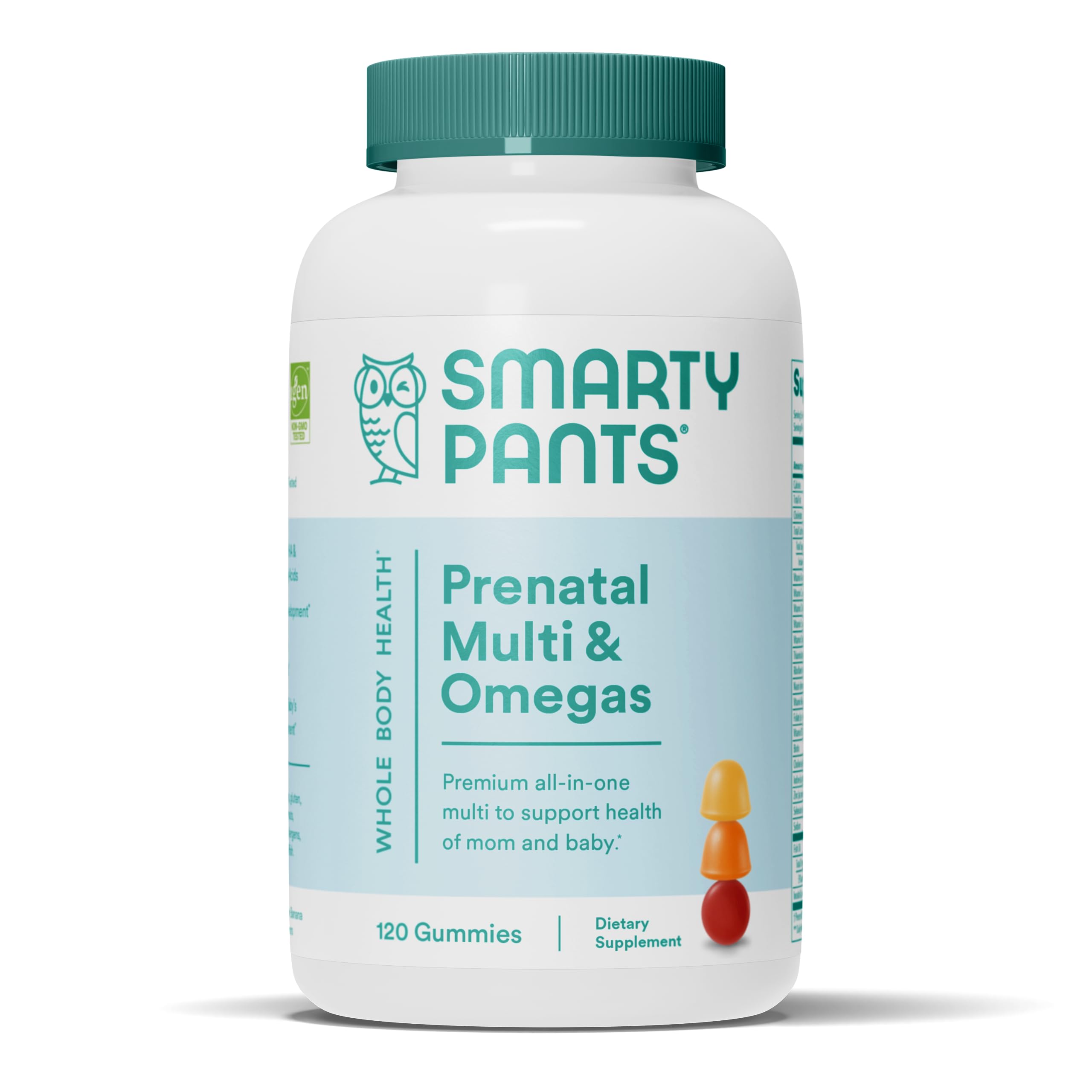 SmartyPants frasco delantero mostrando 120 gomitas y etiqueta clara