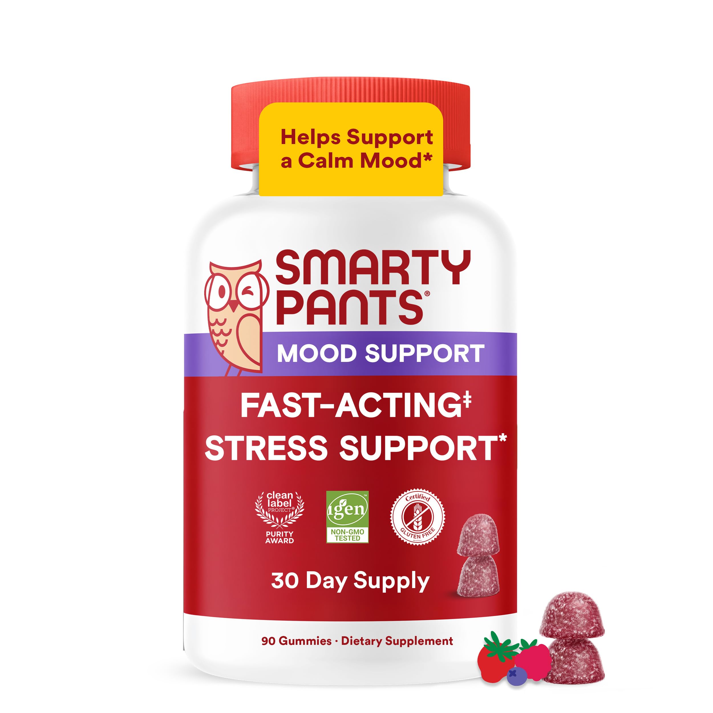 SmartyPants frasco frente con etiqueta clara y beneficio de calma