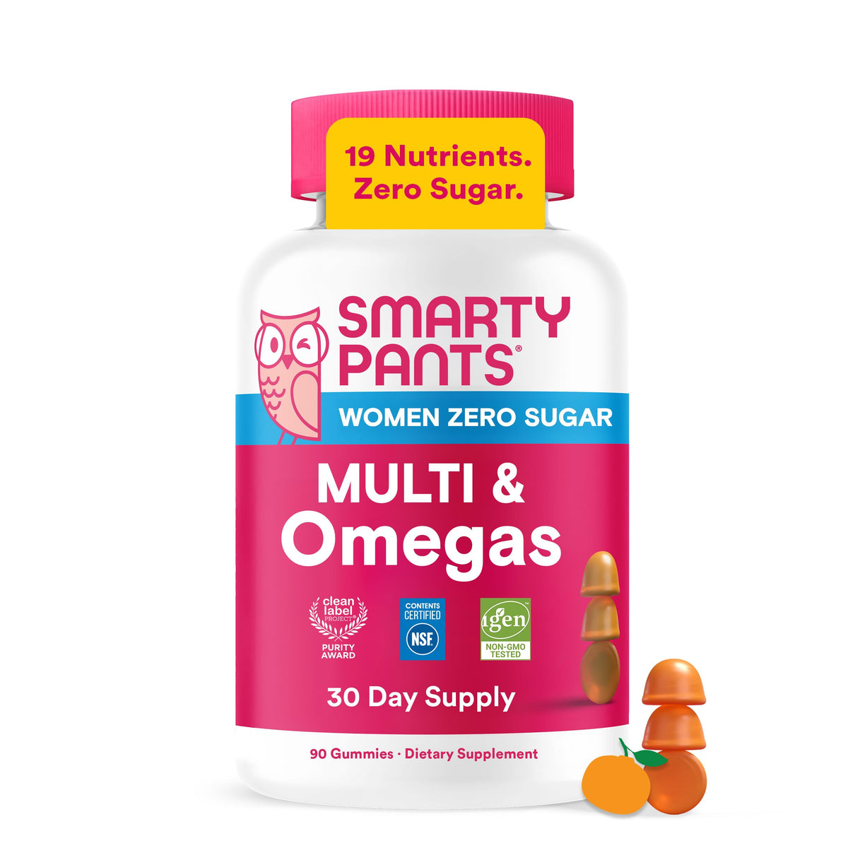 SmartyPants frente del envase mostrando etiqueta y beneficio de 19 nutrientes