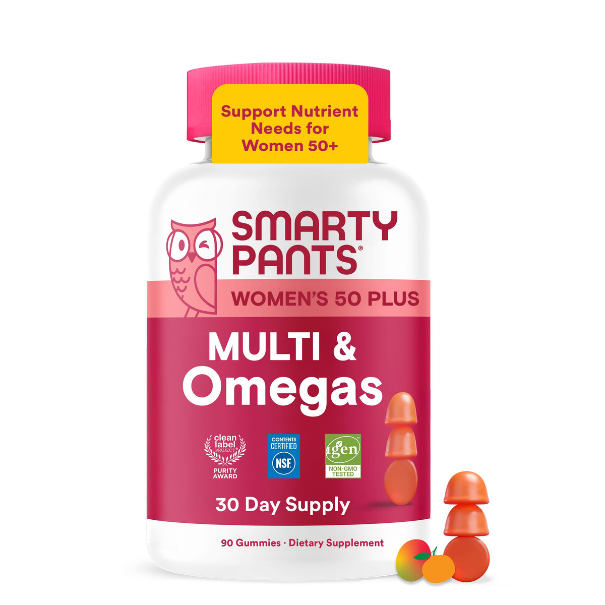 SmartyPants frasco frontal con 90 gomitas y etiquetas claras para uso diario