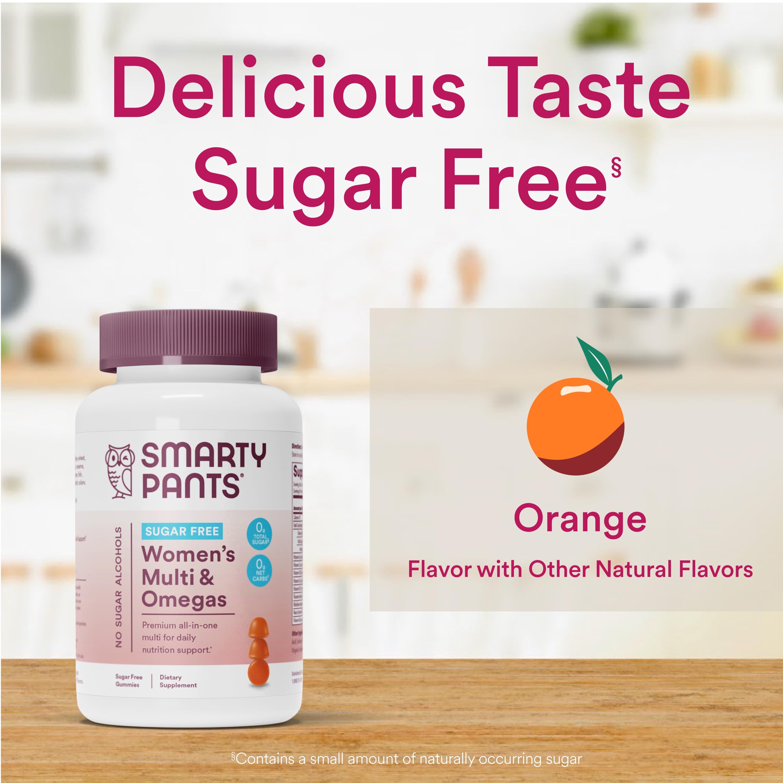 SmartyPants gomitas junto a frutas para sugerir sabor natural naranja
