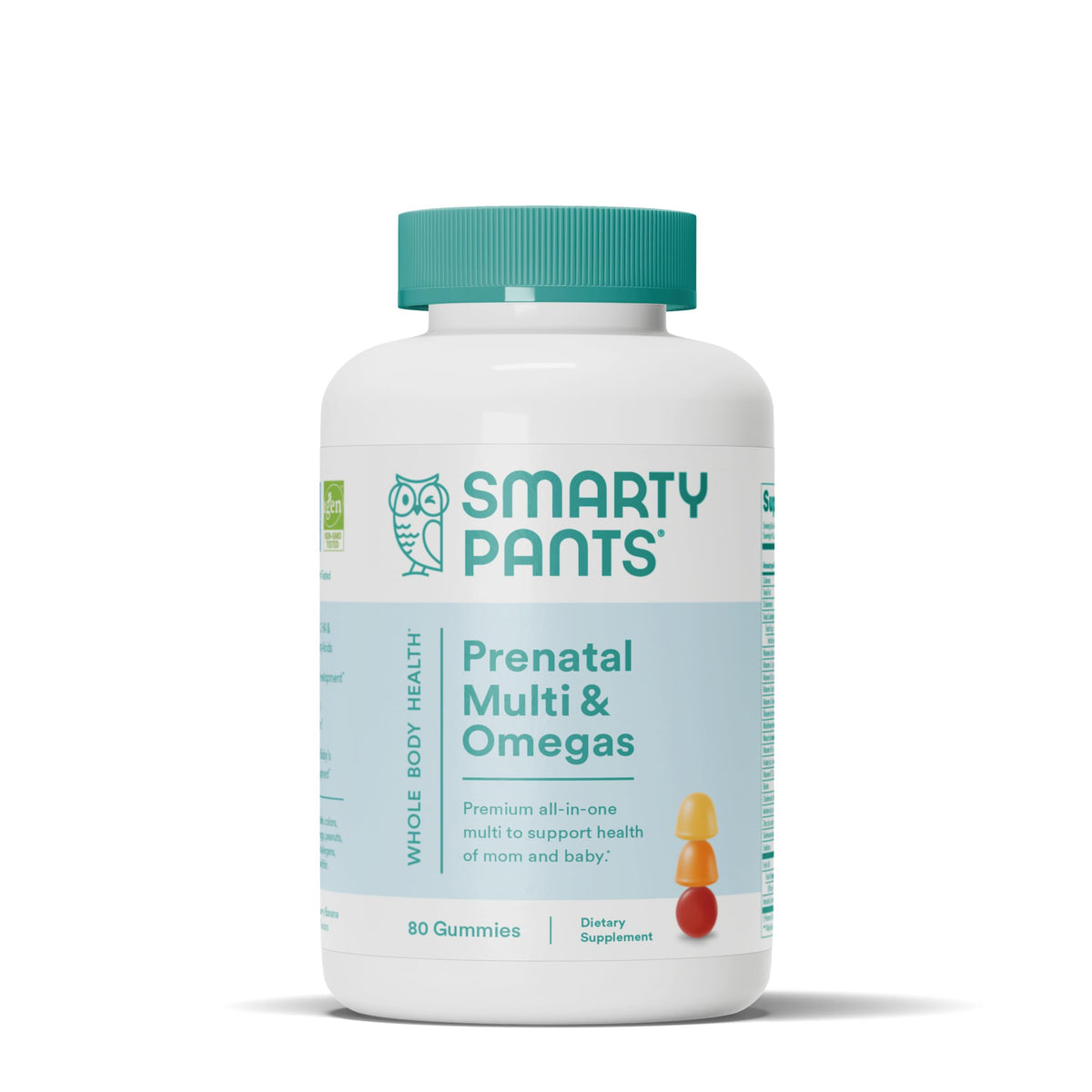 SmartyPants frasco frontal que muestra la presentación de 80 gomitas y beneficios