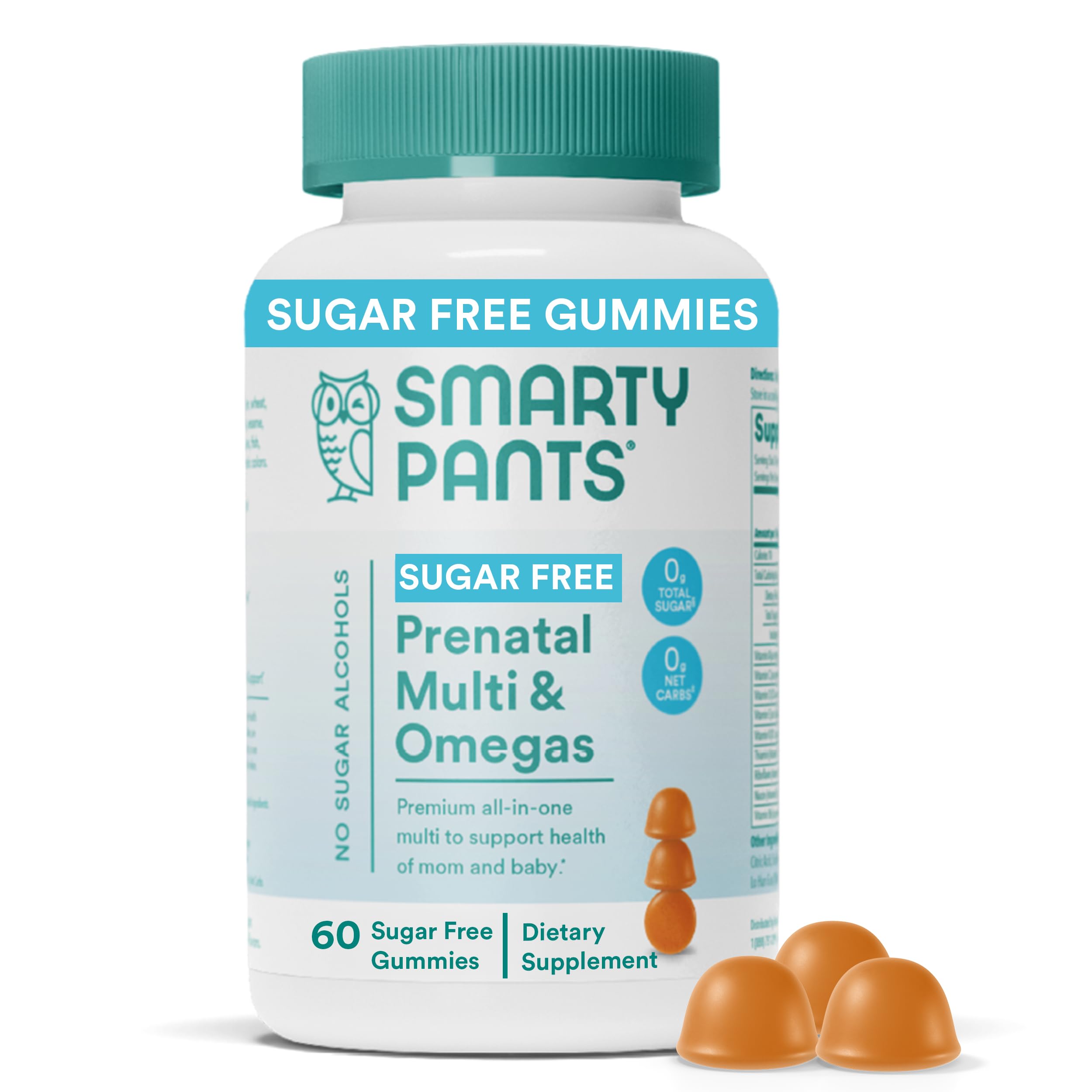 SmartyPants vista frontal del frasco con información y beneficio de conveniencia