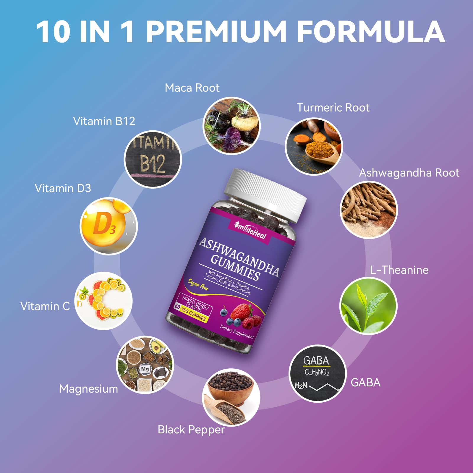 Etiqueta SmildeHeal con lista de ingredientes visibles y datos de dosificación