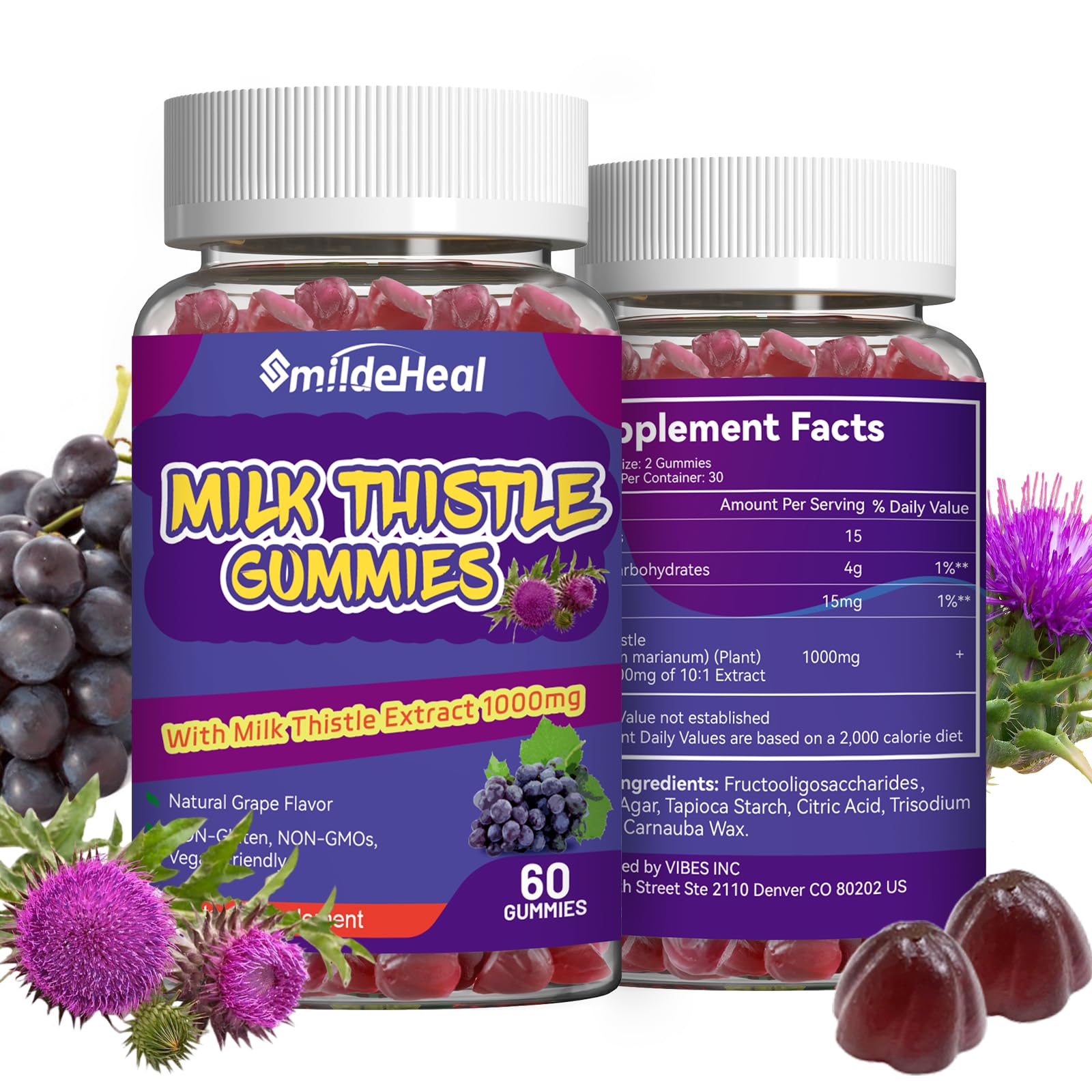 SmildeHeal envase frontal mostrando 120 gomitas veganas y beneficios prácticos
