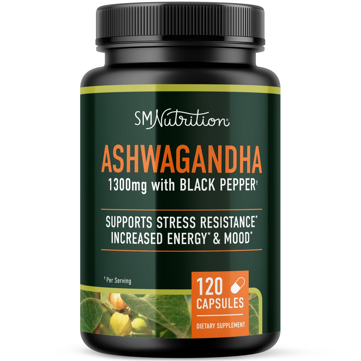 SMNutrition botella frontal mostrando Ashwagandha 1300 mg y diseño claro para confianza