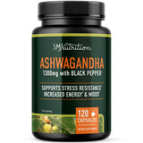 SMNutrition botella frontal mostrando Ashwagandha 1300 mg y diseño claro para confianza