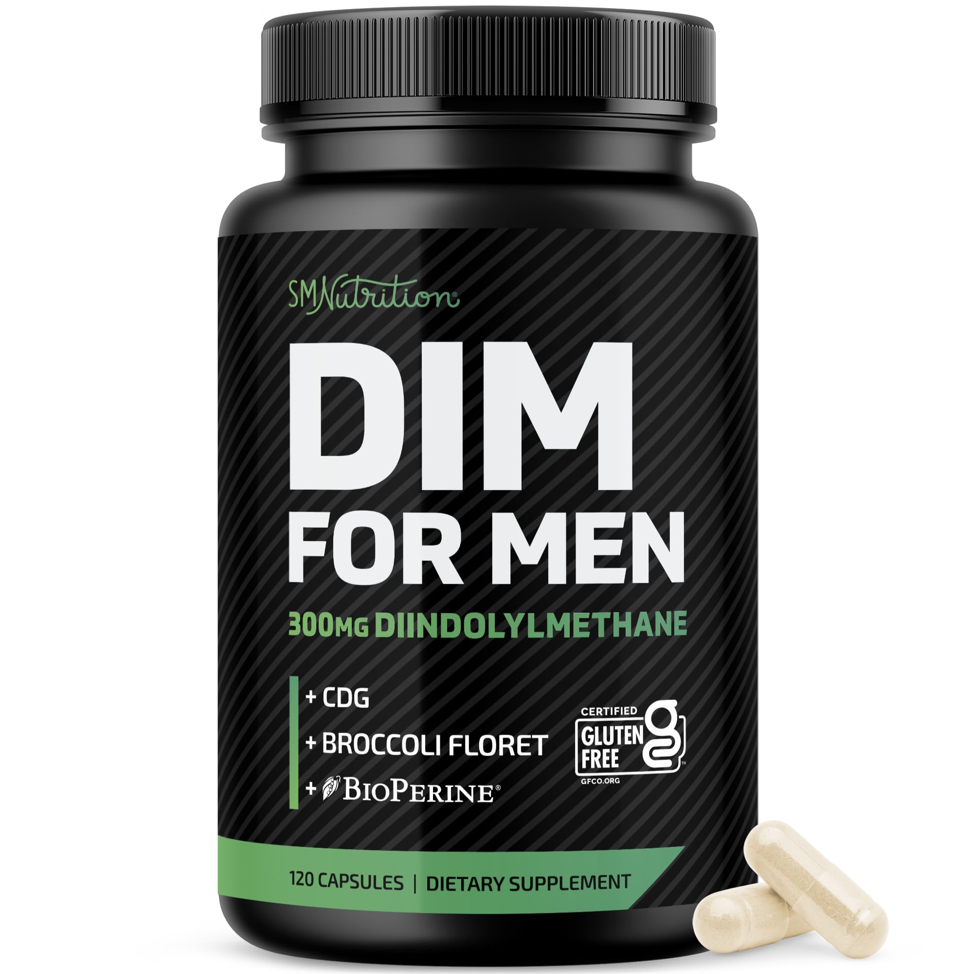 SMNutrition botella frontal mostrando DIM 300 mg y beneficios clave