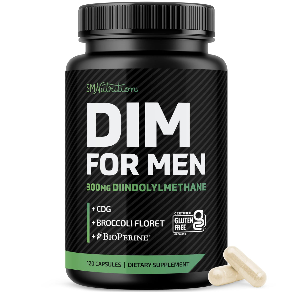 SMNutrition botella frontal mostrando DIM 300 mg y beneficios clave