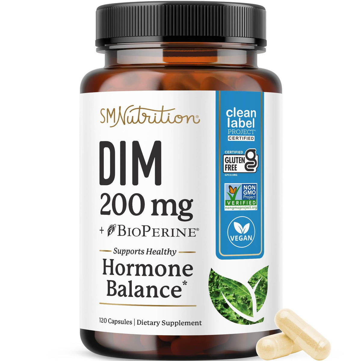 SMNutrition envase frontal mostrando DIM 200 mg y beneficio de equilibrio hormonal