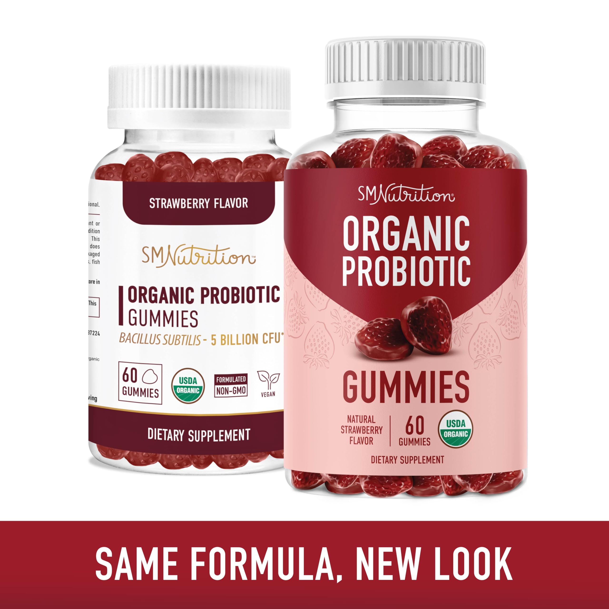 SMNutrition frasco abierto con gomitas visibles, cómoda dosificación y conservación estable