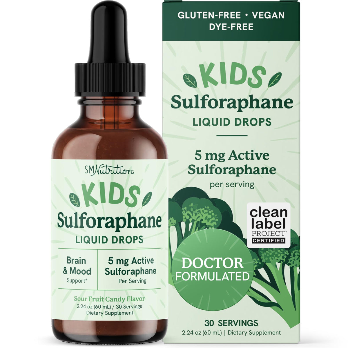 SMNutrition frasco frontal Sulforaphane Liquid mostrando diseño y dosis