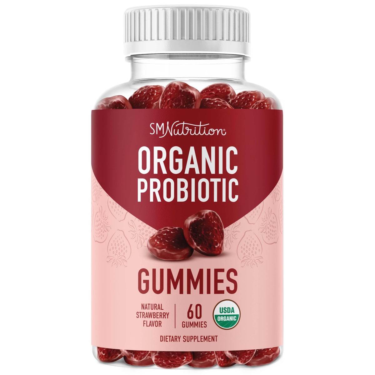 SMNutrition envase frontal de gomitas probióticas, presentación clara y beneficios visibles