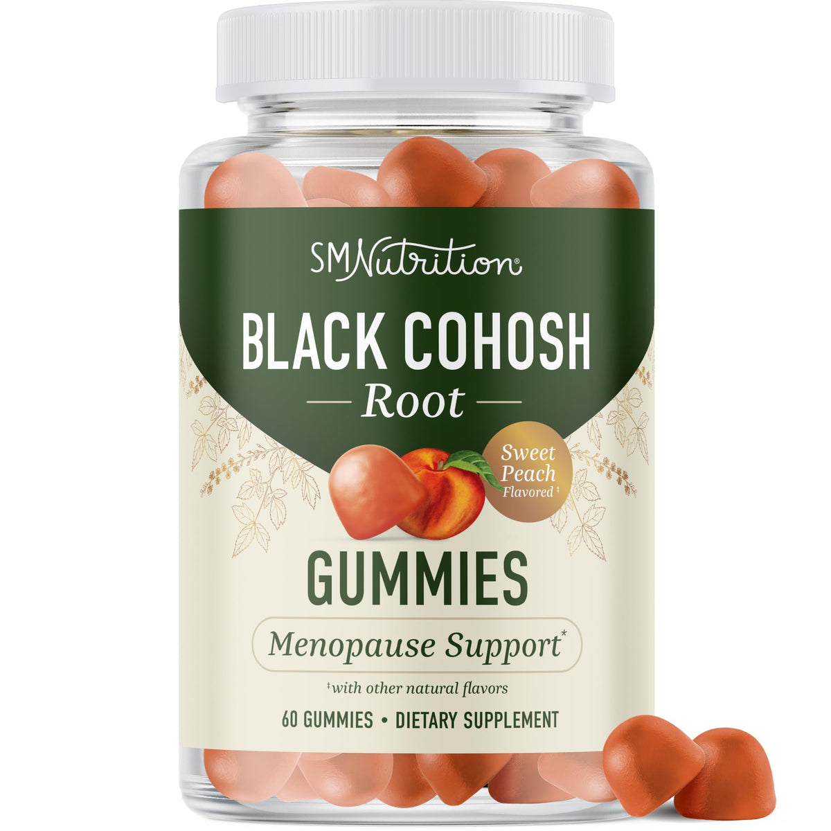SMNutrition frasco frontal de gominolas Black Cohosh, presentación clara y beneficios prácticos